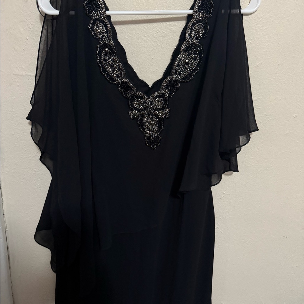 Elegant Black High Low Dress with Embellished Neckline